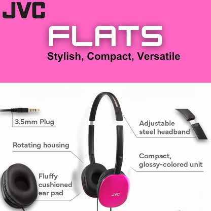 JVC Flats On-Ear Wired Headphones Flat Foldable 30mm Driver, Soft Ear-Pads for Comfort – Steel Headband - Lightweight & Portable 3.5mm Slim Plug - (Pink)