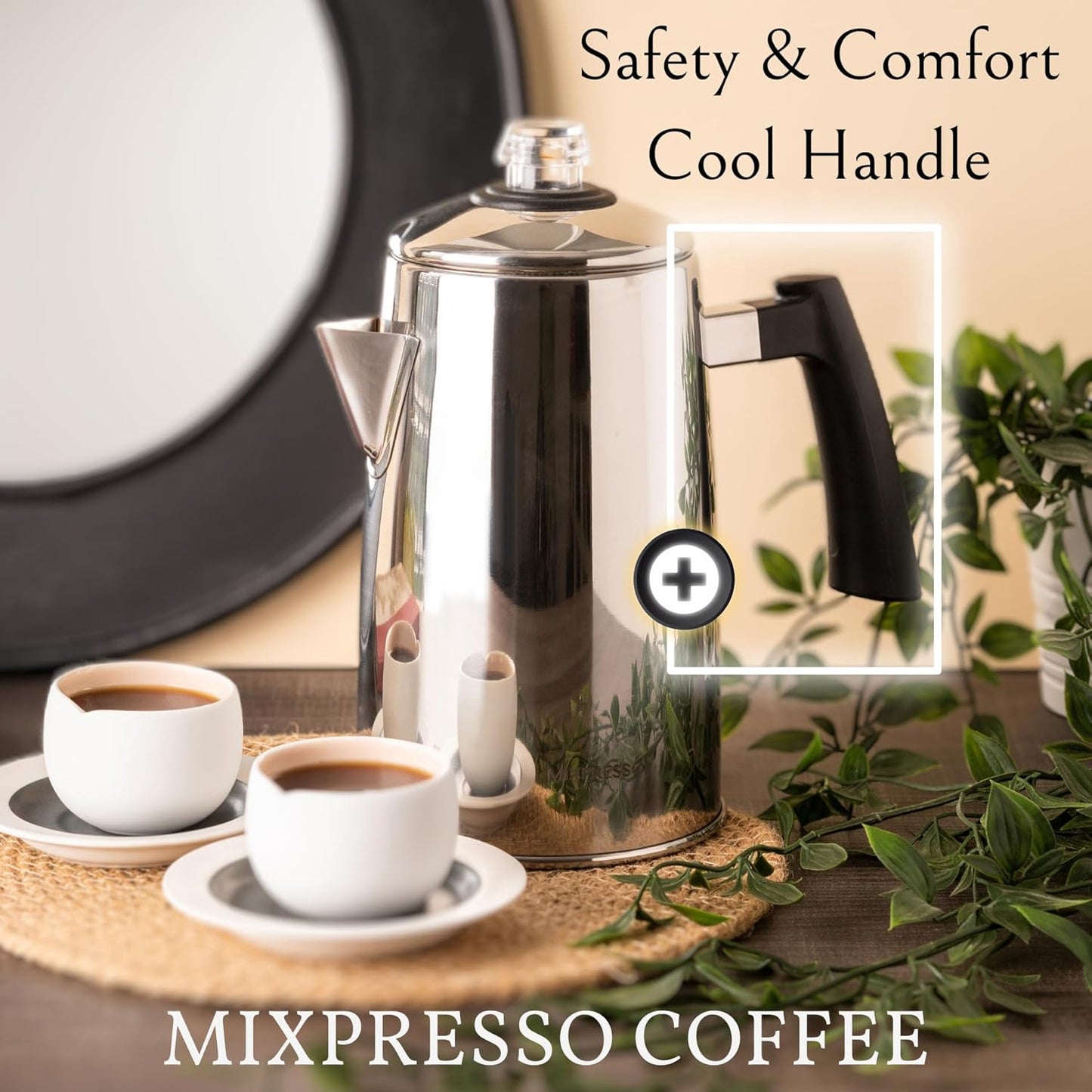 Mixpresso Vlekvrye Staal Koffieperkoleerder Kookplaat, 52 oz Klassieke Perkoleerder-koffiepot, Ideaal Vir Kamp, 12 Koppie Kookplaat-Espressovervaardiger, Koel-aanraakhandvatsel