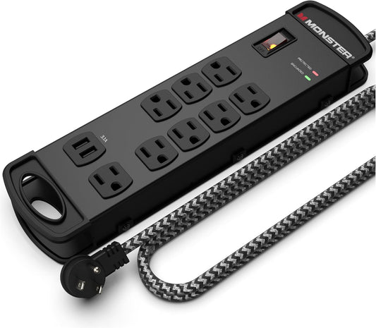 Monster Pro MI Professionele Oorstroombeveiliging Kragstrook met Vuurvaste MOV Tegnologie vir Rekenaars, Versterkers, Pedaalborde en Professionele Oudiotoerusting - 1960 Joule, 4,5 m Koord, 8 Afsetpunte, 2 USB