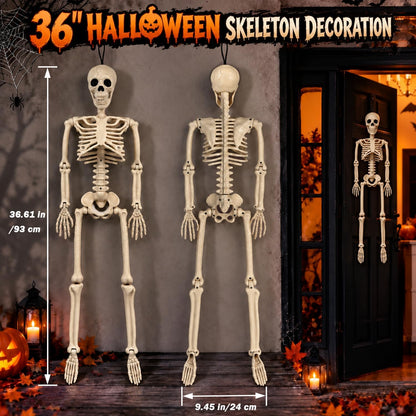 2 Pack 36" Halloween Posable Skeletons, 3 FT Halloween Skeleton Decorations