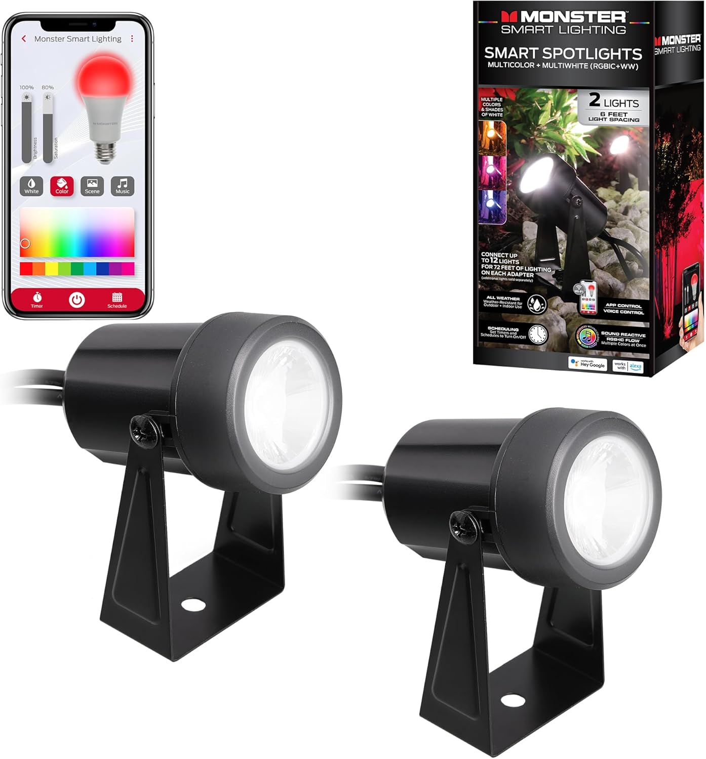 Monster Smart Outdoor RGB+IC+WW Spotlights 2 Pack, Dimmable LEDs, Sound Reactive, IP44 Water & Weather Resistant, Compatible with Alexa, Siri, Google Home, Monster App, Razer Chroma, Voice Controlled