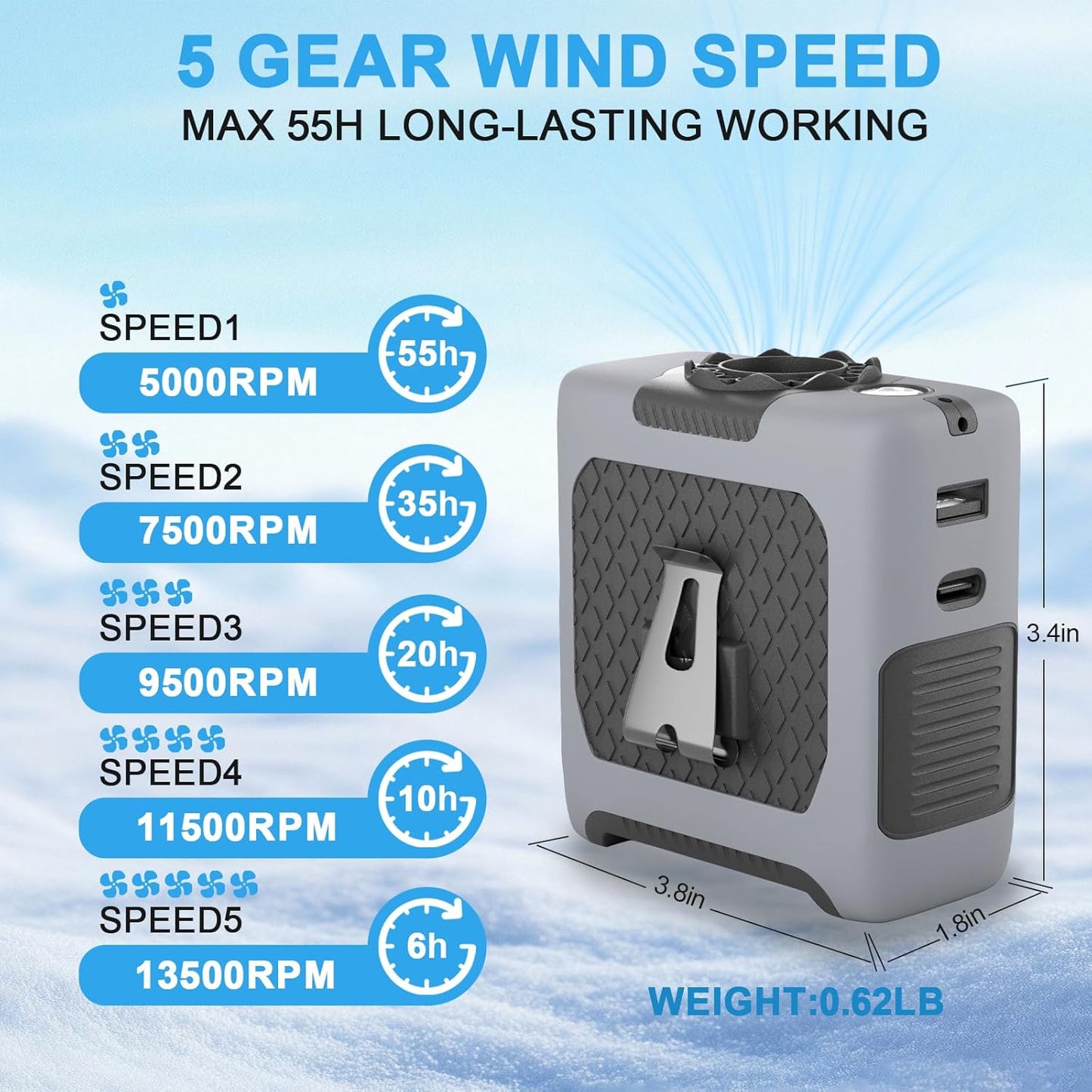 10000mAh Draagbare Middellyfwaaier met Flitslig - 5 Spoed - Grys