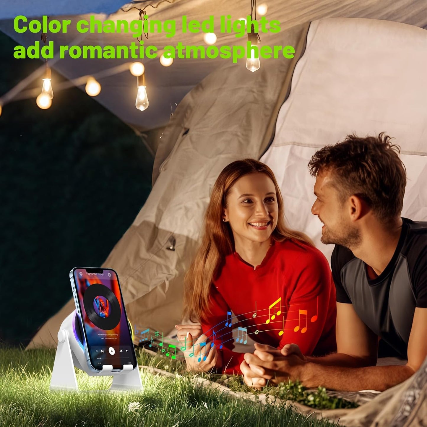 Wireless Induction Audio Bluetooth Speaker, 4 in 1 Phone Stand Speakers Amplifier with Colorful Ambient Light,360° Adjustable Holder- White
