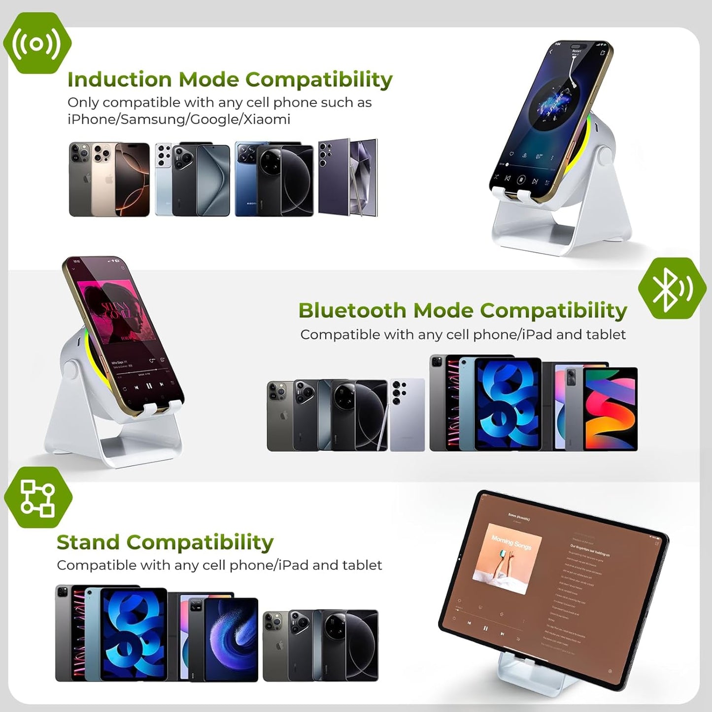 Wireless Induction Audio Bluetooth Speaker, 4 in 1 Phone Stand Speakers Amplifier with Colorful Ambient Light,360° Adjustable Holder- White