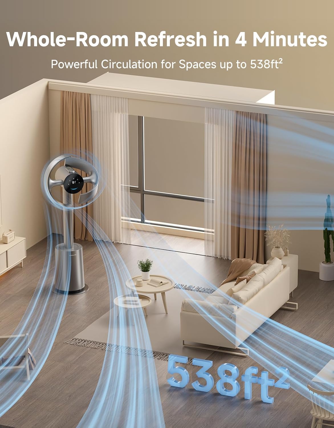Bladeless Tower Fan MF10 for Bedroom with 270° Spatial Airflow Smart Standing Fan for Whole-Room Circulation, 59ft/s High Velocity, 10 Speeds 3 Modes, Temperature-Adaptive Airflow, Silver