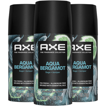 AXE Aluminum-Free Deodorant, Travel Size Body Spray, Aqua Bergamot 3 Pack, 72 Hour Odor Protection (1oz) Pack of 3