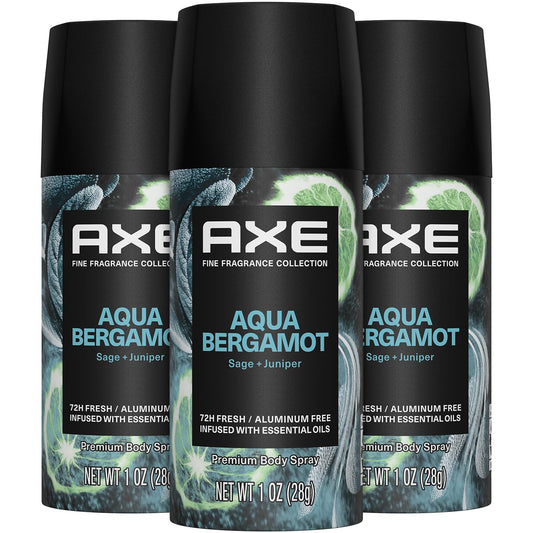 AXE Aluminum-Free Deodorant, Travel Size Body Spray, Aqua Bergamot 3 Pack, 72 Hour Odor Protection (1oz) Pack of 3