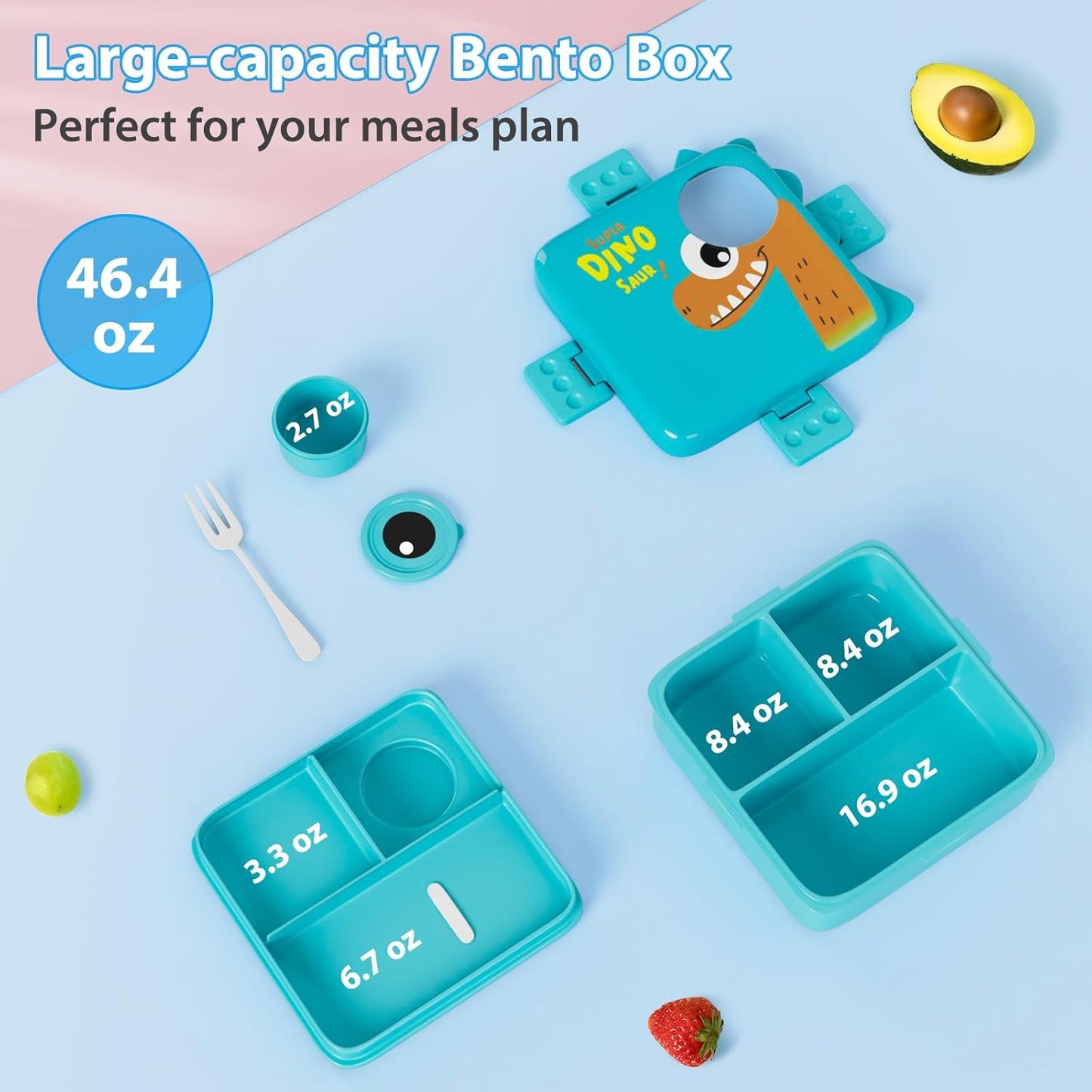Freshmage Plastiek Dubbellaag Bento-boks-houer met 3 Kompartemente, Groot Kapasiteit Lekvry en BPA-vry Bento-middageteboks, Duursaam, Valbestand, Skottelgoedwasser- en Mikrogolfveilig, Blou