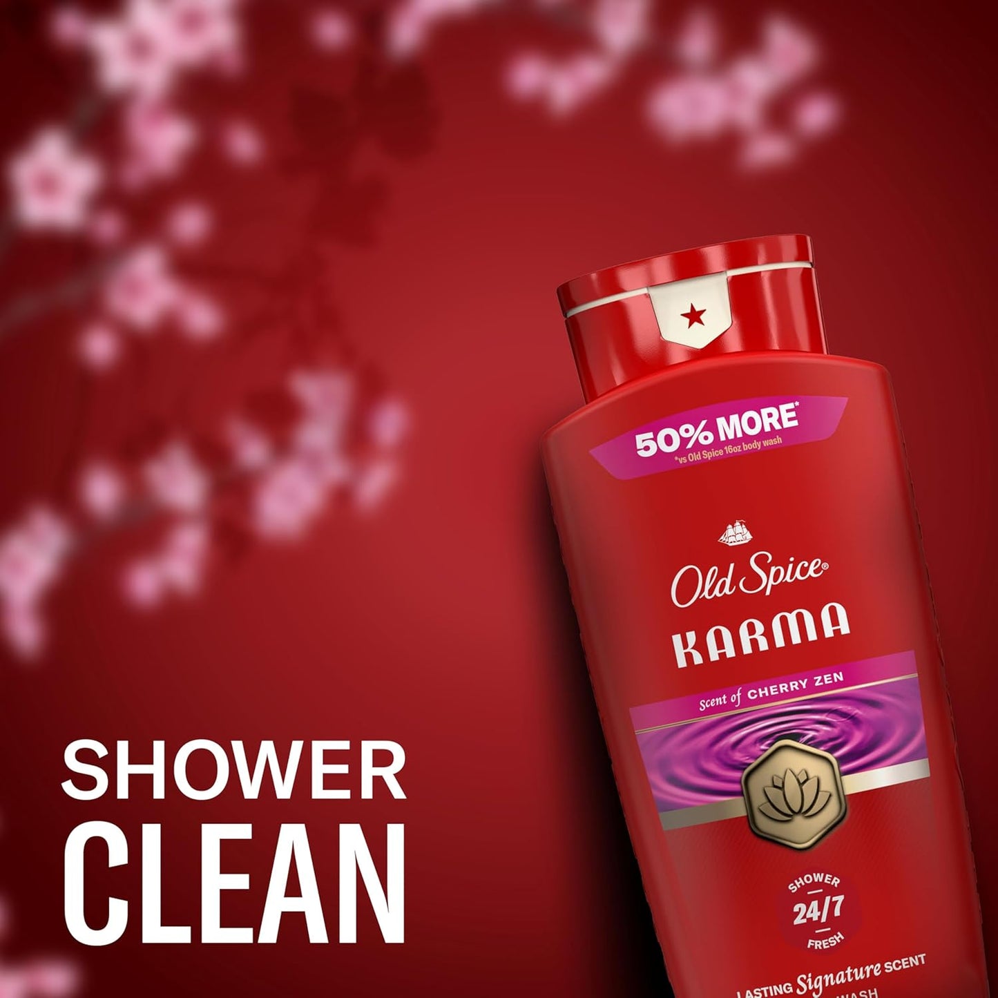Old Spice Body Wash for Men, 24/7 Shower Fresh & Clean w/Daily Use, Lasting Signature Scent -  Karma w/ Cherry Zen Scent (Pack of 2)
