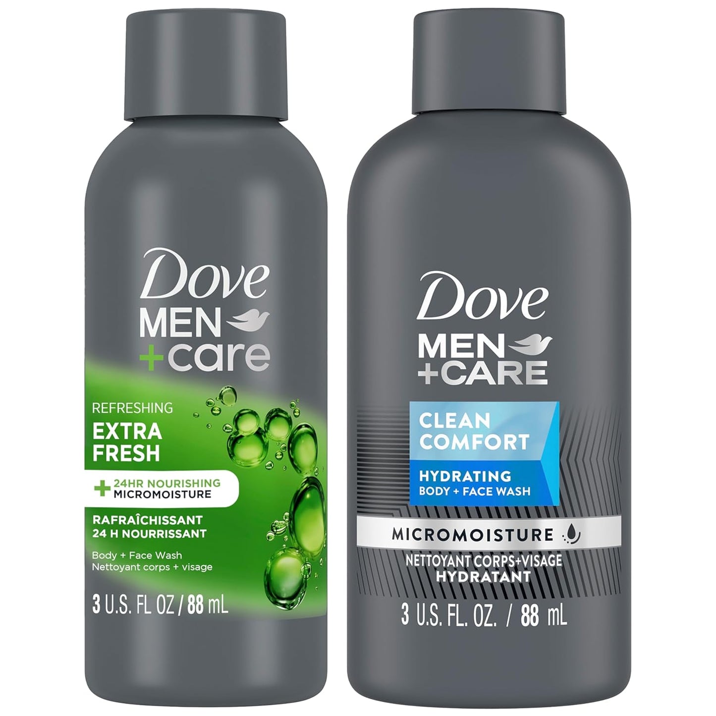 Dove Men+Care Body & Face Wash Variety  Extra Fresh + Clean Comfort, Travel Essentials, 3 Oz (Pack of 2)