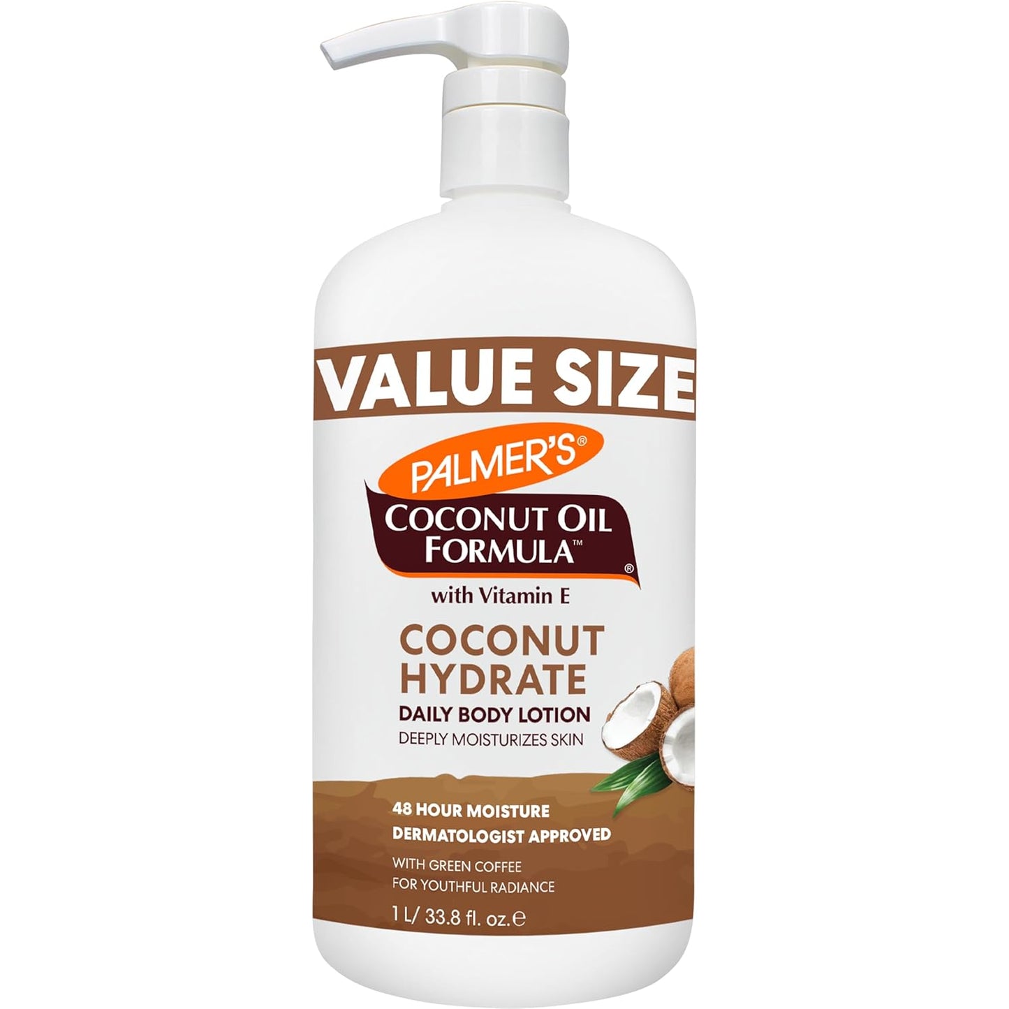 Palmer's Coconut Oil Formula Body Lotion for Dry Skin, Hand & Body Moisturizer w/ Green Coffee Extract & Vitamin E, Value Size Pump Bottle - 33.8 Fl Oz (Pack of 1)