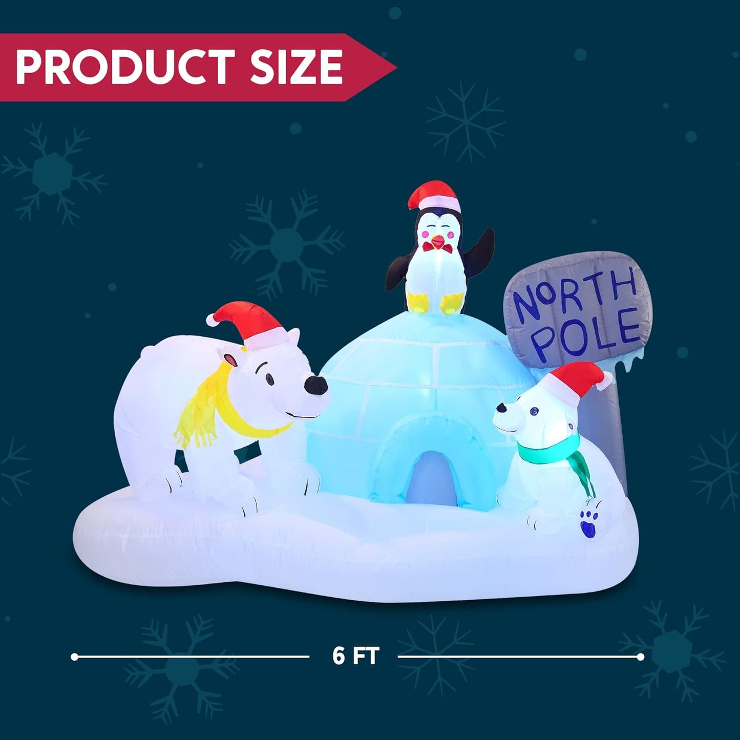 (6FT) Long Christmas Inflatable North Pole w/ Build-in LEDs, Blow Up Polar Bears & Penguin Holiday Season Decorations
