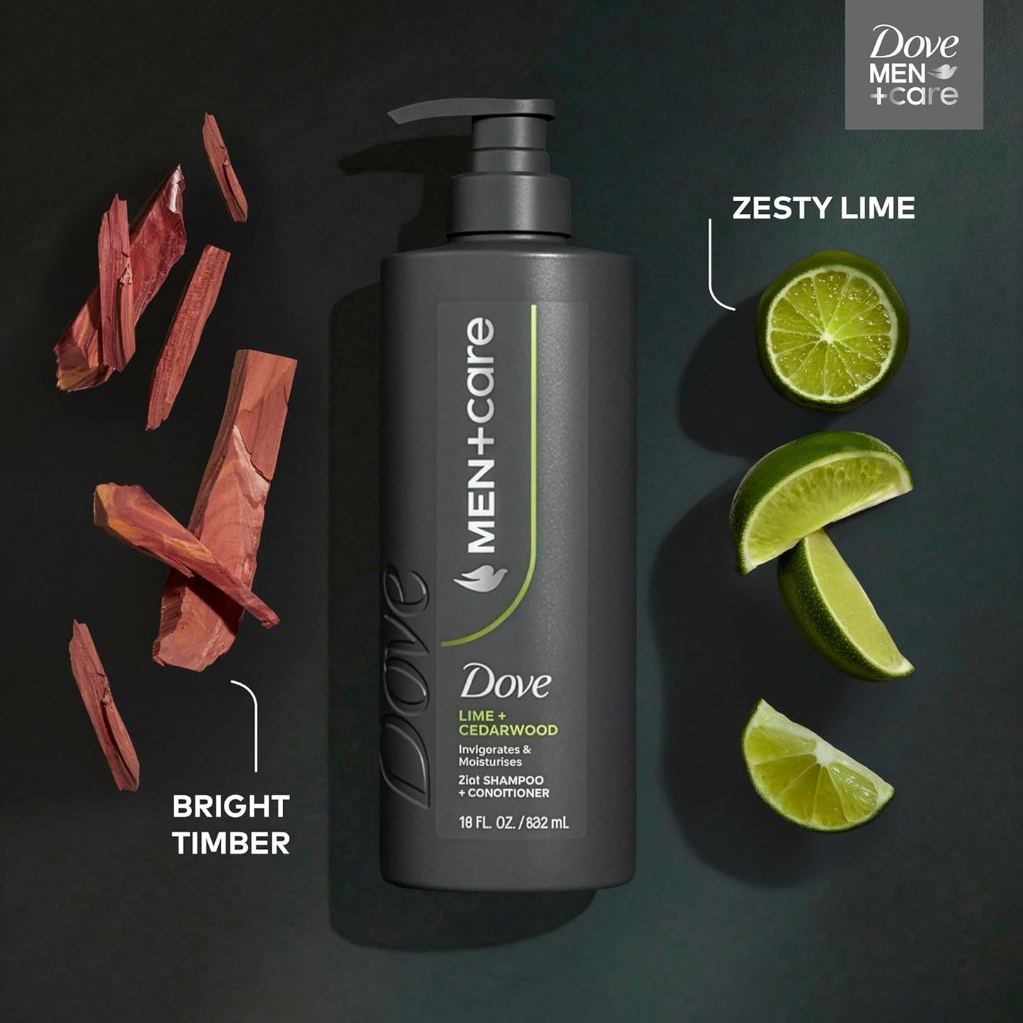 DOVE MEN + CARE Shampoo Lime & Cedar for Real Hair that Powers Up Hair Strength, with Invigorating & Moisturizing Results, 18 Fl oz (2 CT)