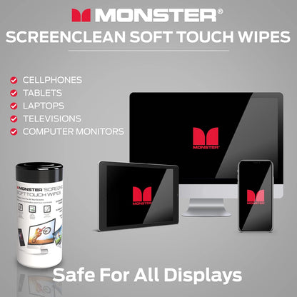Monster ScreenClean Soft Touch Wipes, Screen Cleaner Wipes for Computer Screens, TV, Phones, Tablets, and Car Touch Screens, Home Office, 70 Count