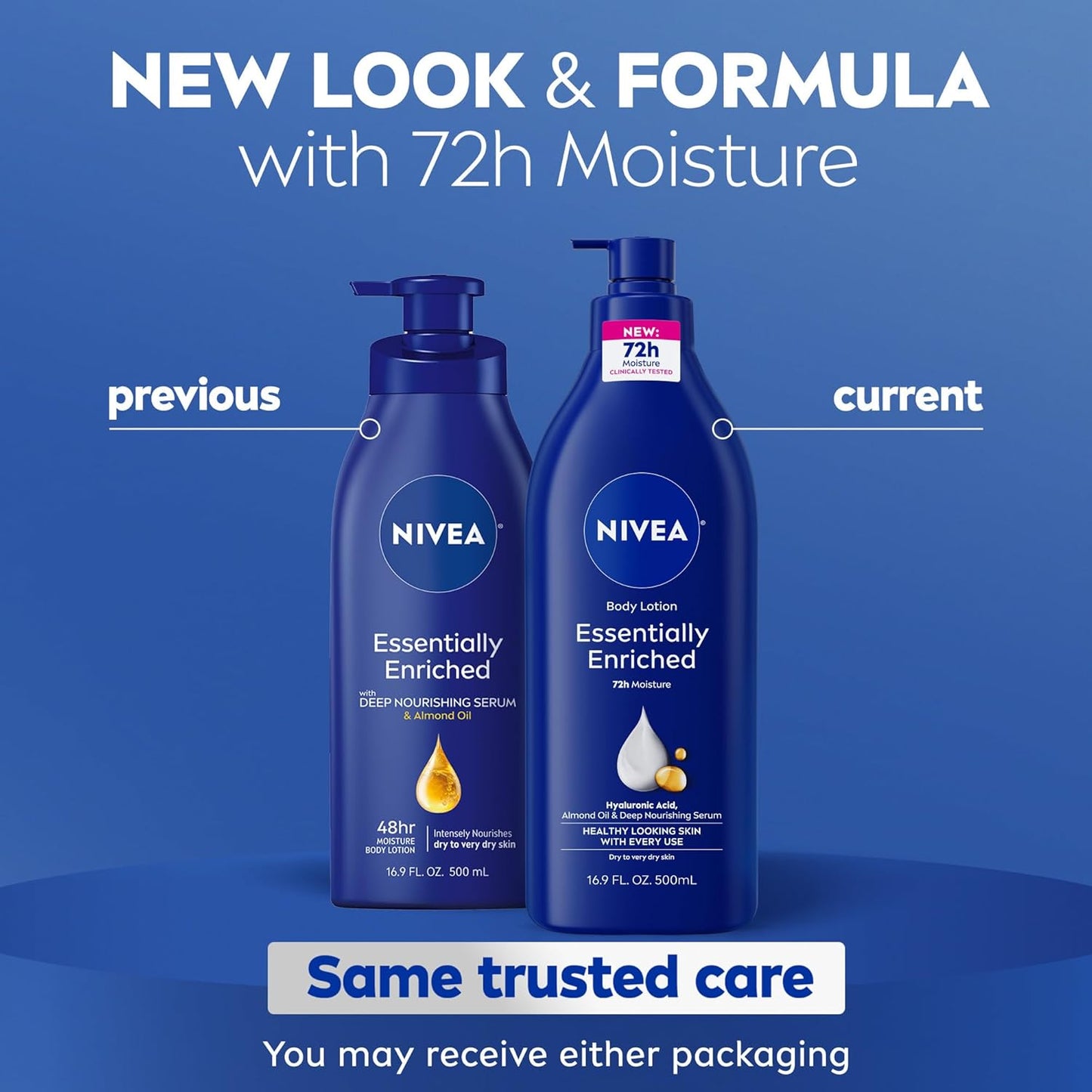 NIVEA Essentially Enriched Body Lotion for Very Dry Skin with Hyaluronic Acid, Almond Oil and Deep Nourishing Serum, 72-Hour Body Moisturizer, 16.9 Fl Oz Pump Bottle - 3pk