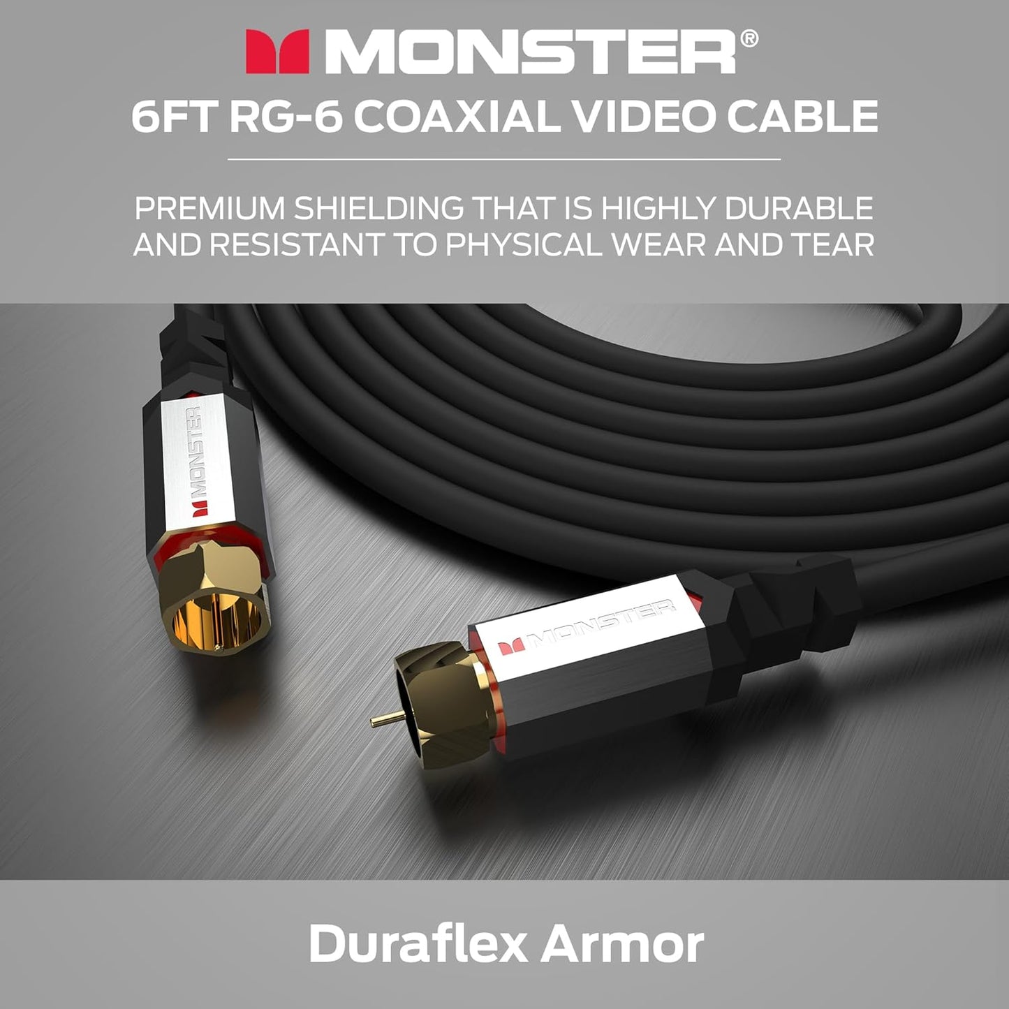 Monster Essentials RG-6 Koaksiaalkabel met Vergulde F-pen-koaksiaalkabelaansluiting - Hoëspoed-internetkabel met Duraflex-omhulsel en Metaalafskerming, 1.8 m