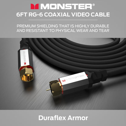 Monster Essentials RG-6 Koaksiaalkabel met Vergulde F-pen-koaksiaalkabelaansluiting - Hoëspoed-internetkabel met Duraflex-omhulsel en Metaalafskerming, 1.8 m