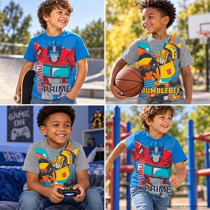 Transformers Boys 2 Pack Cotton Tee Optimus Prime Bumblebee Shirts Officially Licensed, Vibrant Soft Cotton Fabric T-Shirt, Short Sleeve Crewneck, Comfortable for School, Play & Everyday Wear