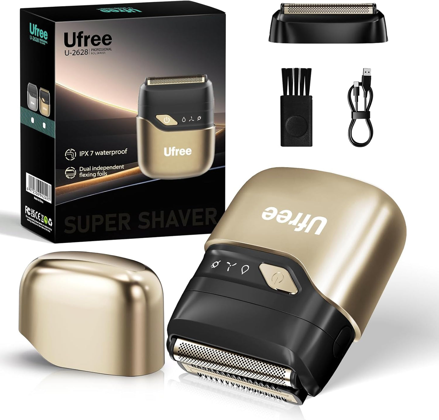 Electric Razor for Men, Foil Shaver with 2 Foil Heads, IPX7 Waterproof Electric Shaver, Wet Dry Cordless Razor, Chargeable&Portable Shavers for Men, Gold
