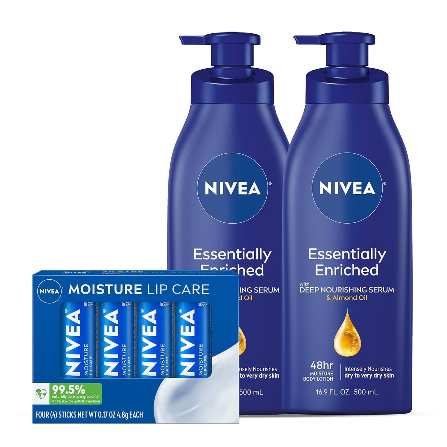 NIVEA Skin Care Set, Essentially Enriched Body Lotion Pack (2 x 16.9 Fl Oz) + Moisture Lip Care Lip Balm Set (4 x 0.17 Oz), Dermatologically Tested for Skin Compatibility