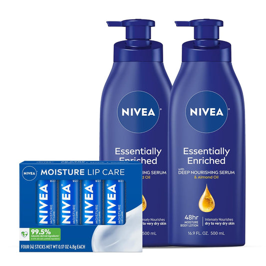 NIVEA Velversorgingstel, Essensieel Verrykende Liggaamroompak (2 x 16.9 Fl Oz) + Vog Lipversorging Lipbalsemstel (4 x 0.17 Oz), Dermatologies Getoets vir Velversoenbaarheid