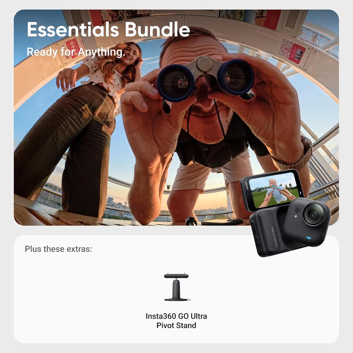 Insta360 GO Ultra Essentials Bundle - Small 4K Vlogging Camera, Hands-Free, POV Cam, 1/1.28" Sensor, 53g Lightweight, 156° FOV, 200 Min Battery Life, Magnetic Wearable Action Camera for Sports, Vlog