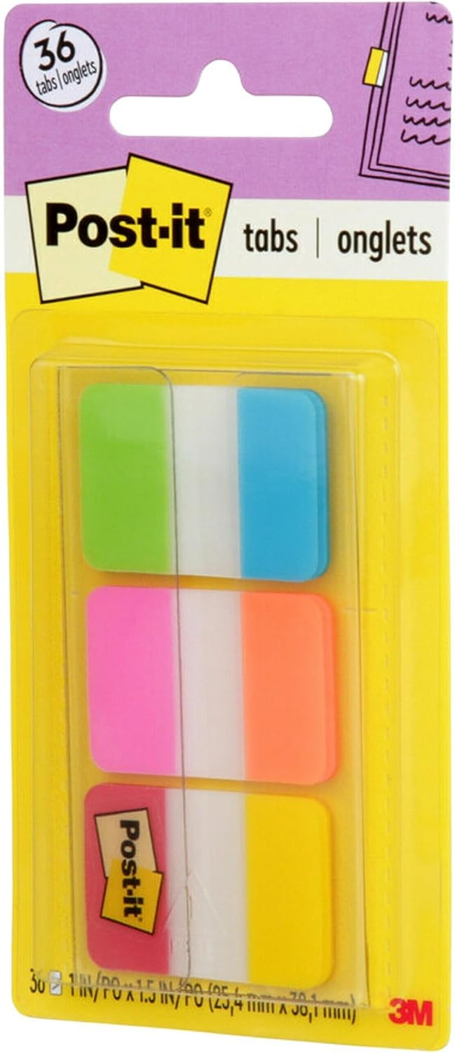 Post-it Tabs, 1 in Solid, Aqua, Yellow, Pink, Red, Green, Orange, 6/Color, 36/Dispenser (Pack of 2)