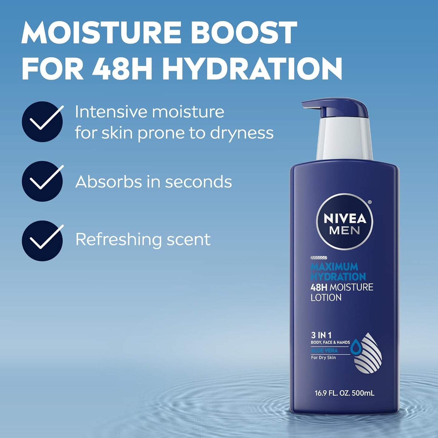 NIVEA MEN Maximum Hydration 48-Hour Moisture Body Lotion for Dry Skin, Aloe Vera Lotion for Men, 3-in-1 Body, Face and Hands, Dermatologically-Tested, 16.9 Fl Oz Bottle (3PK)