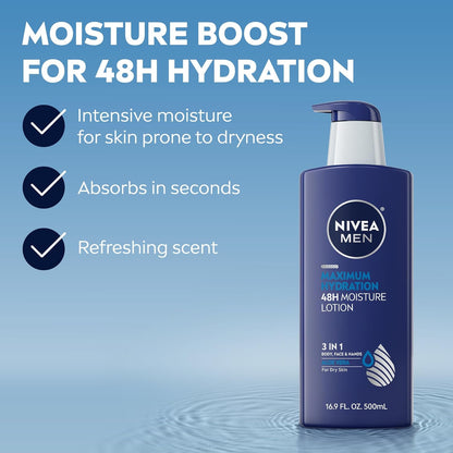 NIVEA MEN Maximum Hydration 48-Hour Moisture Body Lotion for Dry Skin, Aloe Vera Lotion for Men, 3-in-1 Body, Face and Hands, Dermatologically-Tested, 16.9 Fl Oz Bottle (3PK)