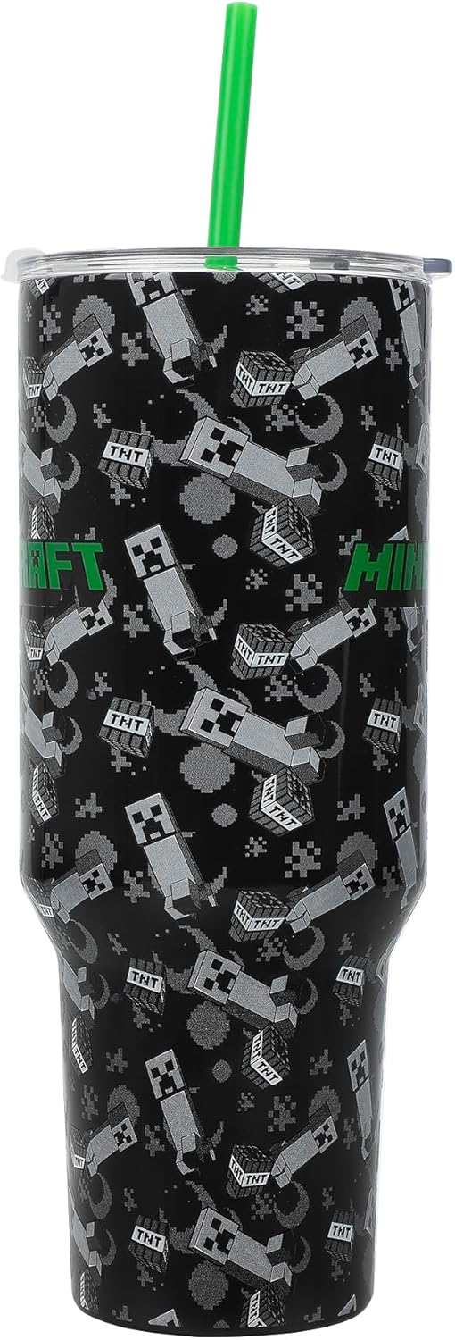 Insulated Stainless Steel Tumbler w/ Reusable Straw & Leak-Proof Lid Easy Carry Handle 40oz (Minecraft)