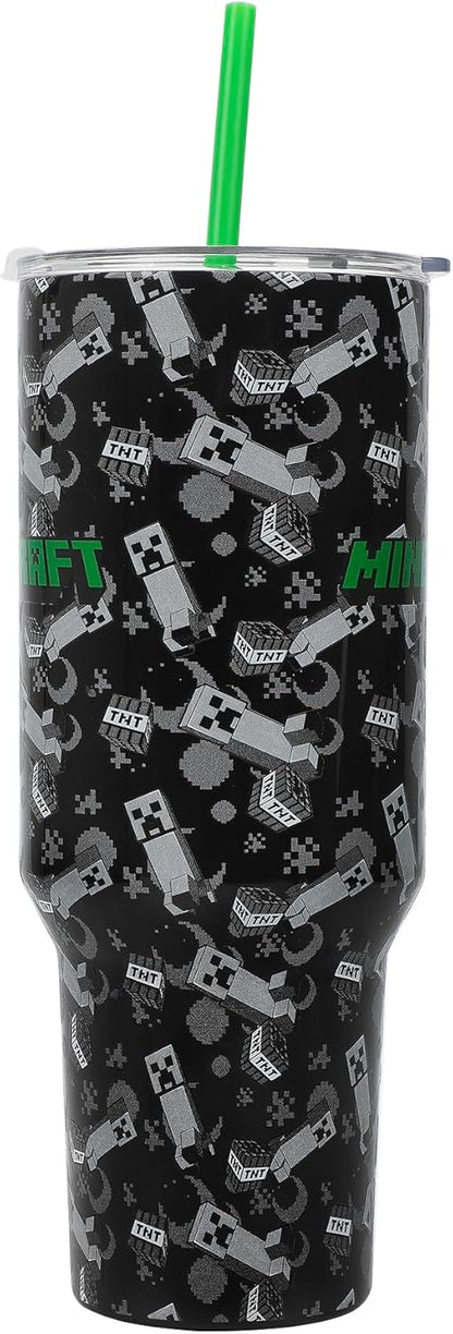 Insulated Stainless Steel Tumbler w/ Reusable Straw & Leak-Proof Lid Easy Carry Handle 40oz (Minecraft)