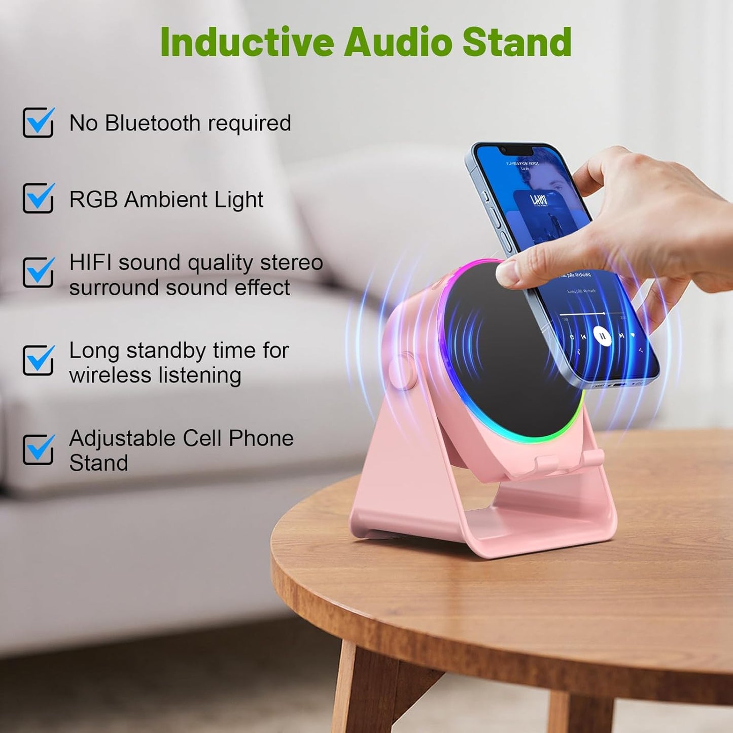 Wireless Induction Audio Bluetooth Speaker, 4 in 1 Phone Stand Speakers Amplifier with Colorful Ambient Light,360° Adjustable Holder - Pink