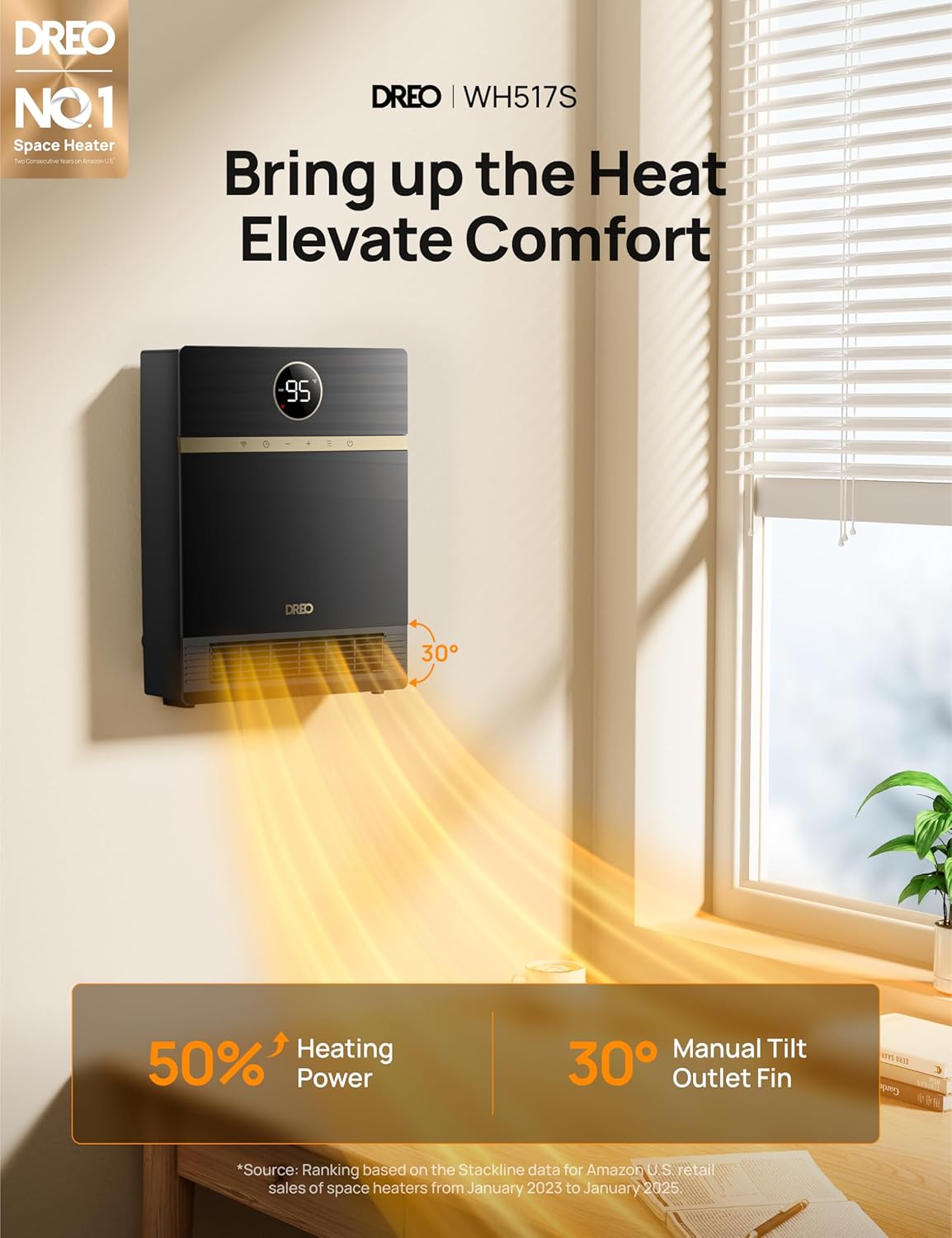 Slim Muurverwarmer, IP24 Elektriese PTC vir Binnegebruik, 30° Ossillasie, Verstelbare Termostaat, Afstandsbediening, Werk met Alexa, 24H Tydhouer, Maklik om te Monteer - Swart