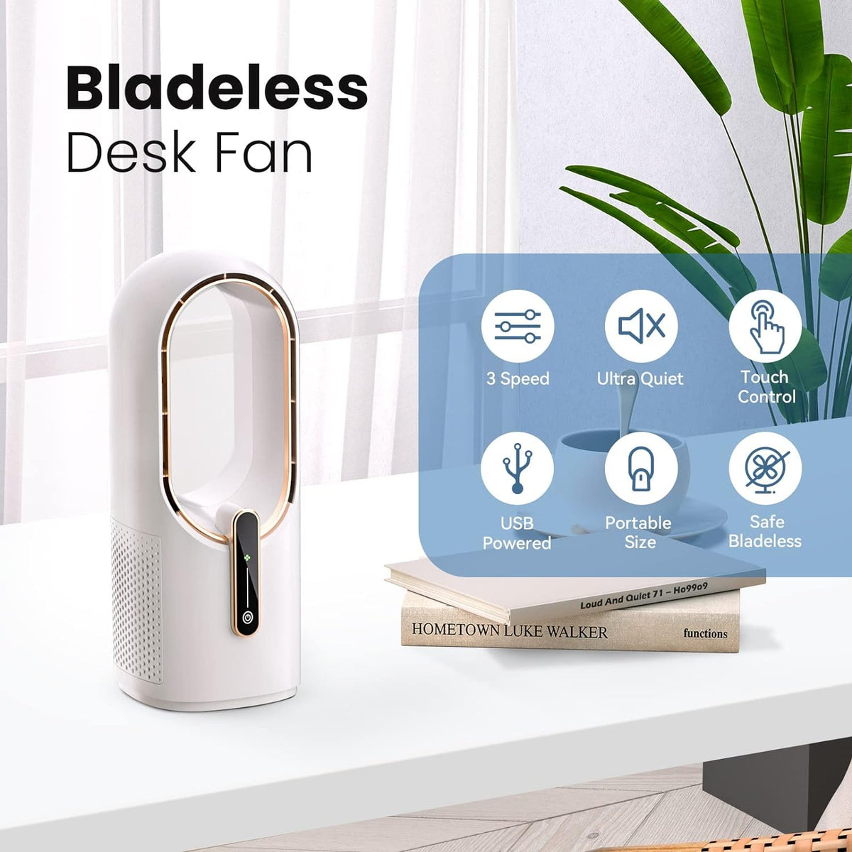 Desk Fan Bladeless, 11.8 Inch Office Fan Small, Quiet, 3 Speed Adjustment, Touch Control, Easy to Clean, Desk Fans Small Quiet, Ideal for Office, Living Room, Bedroom  - White/Gold