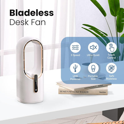 Desk Fan Bladeless, 11.8 Inch Office Fan Small, Quiet, 3 Speed Adjustment, Touch Control, Easy to Clean, Desk Fans Small Quiet, Ideal for Office, Living Room, Bedroom  - White/Gold