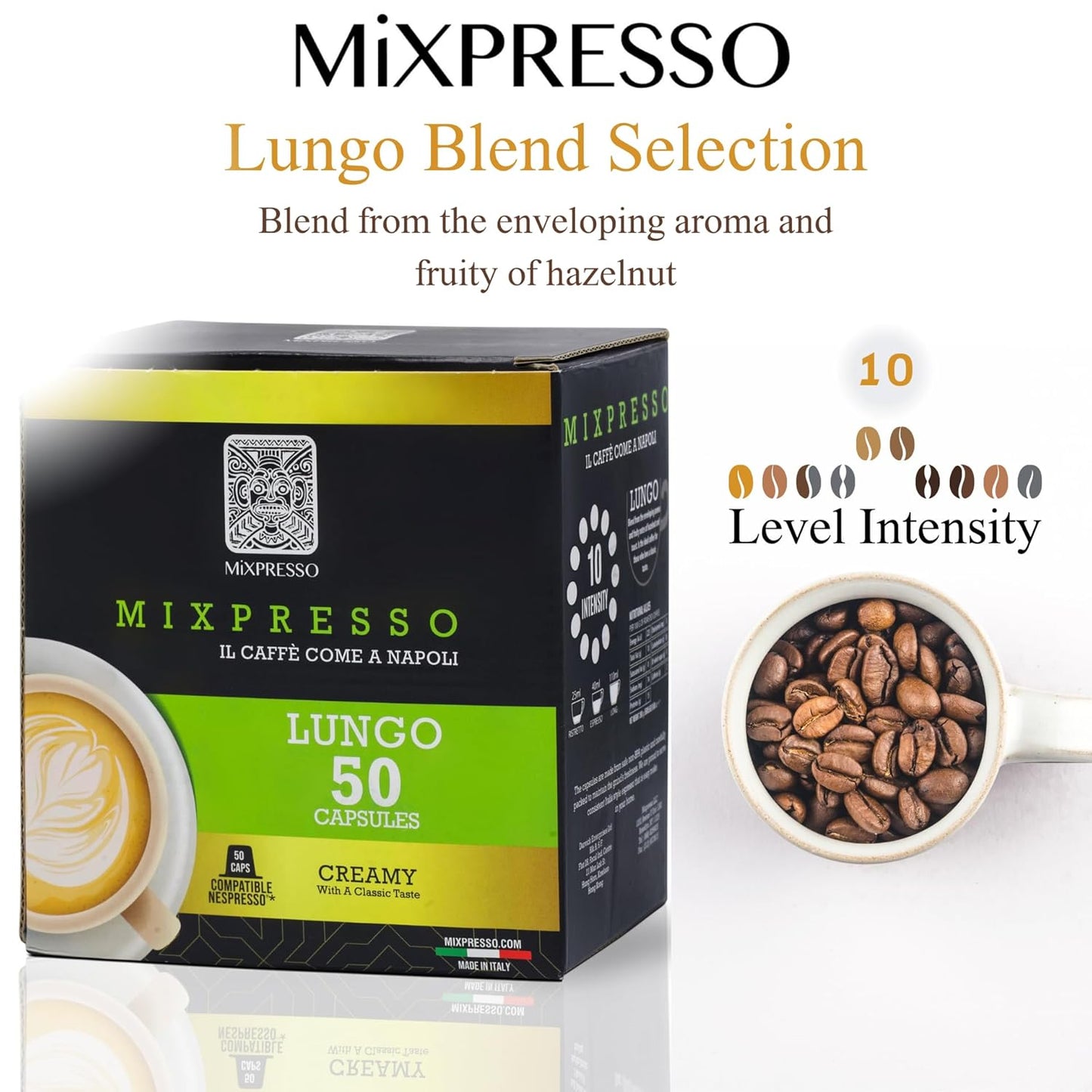Mixpresso Lungo Koffie Espresso Kapsules Versoenbaar Met Nespresso Oorspronklike Brouers, Enkel Koppie Koffie Peule 100% Vanuit Italië, Donker R&ooml;sting 80% Arabica Espresso, 50 Tellings Koffie Kapsule Intensiteit 10/12