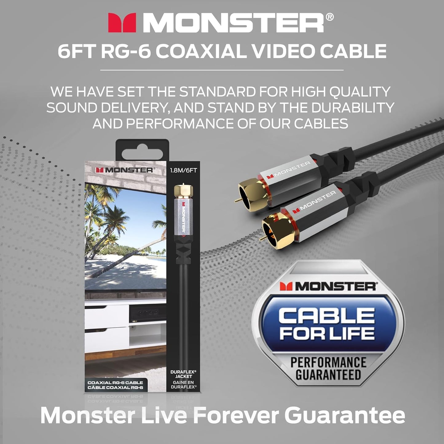 Monster Essentials RG-6 Koaksiaalkabel met Vergulde F-pen-koaksiaalkabelaansluiting - Hoëspoed-internetkabel met Duraflex-omhulsel en Metaalafskerming, 1.8 m
