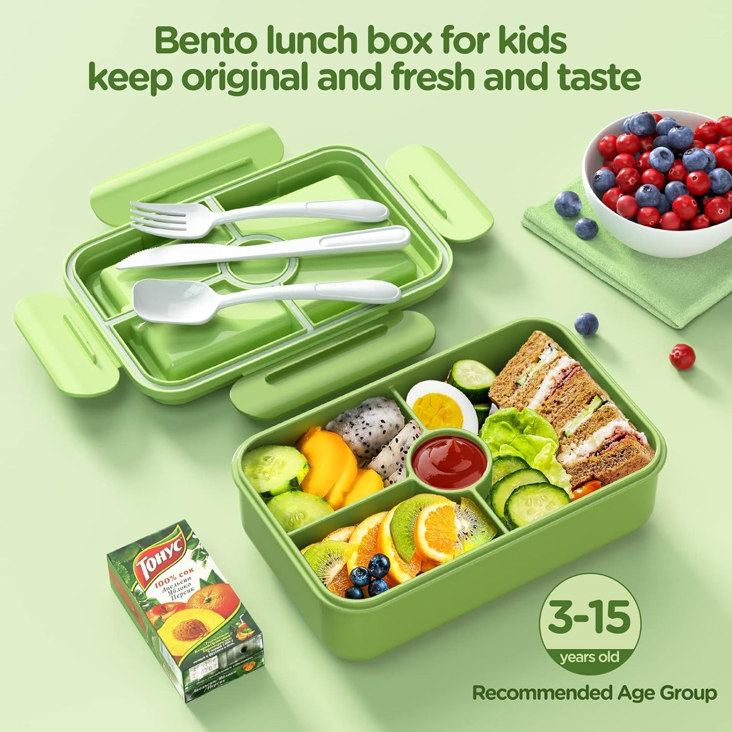 Large Bento-Style Leakproof w/ 4 Compartments Food Storage w/ Tableware Reusable On-the-Go Meal - Green