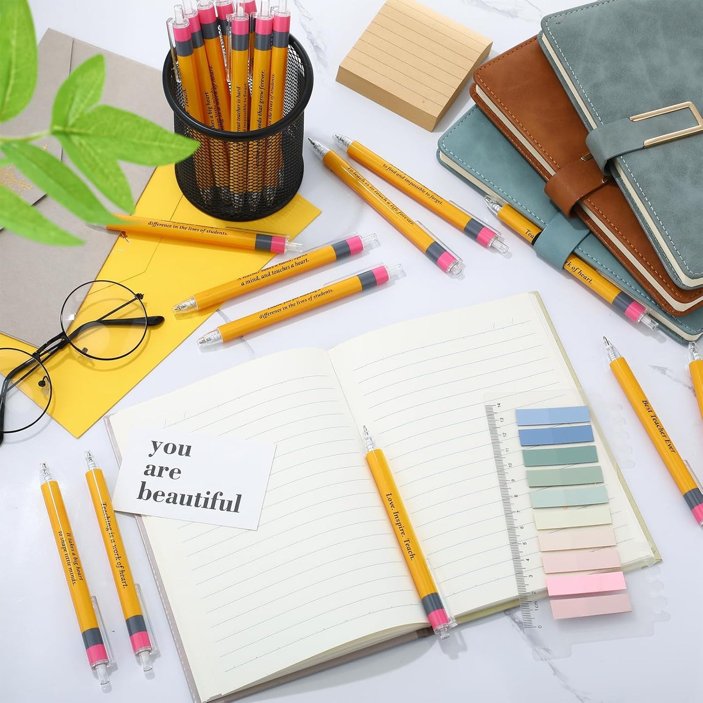 50 Pcs Back to School Teachers Pens Bulk Teacher Appreciation Gifts Inspirational Yellow Retractable Ballpoint Pens for Coworker Staff Thank You Gifts Office Writing Stationary Supplies