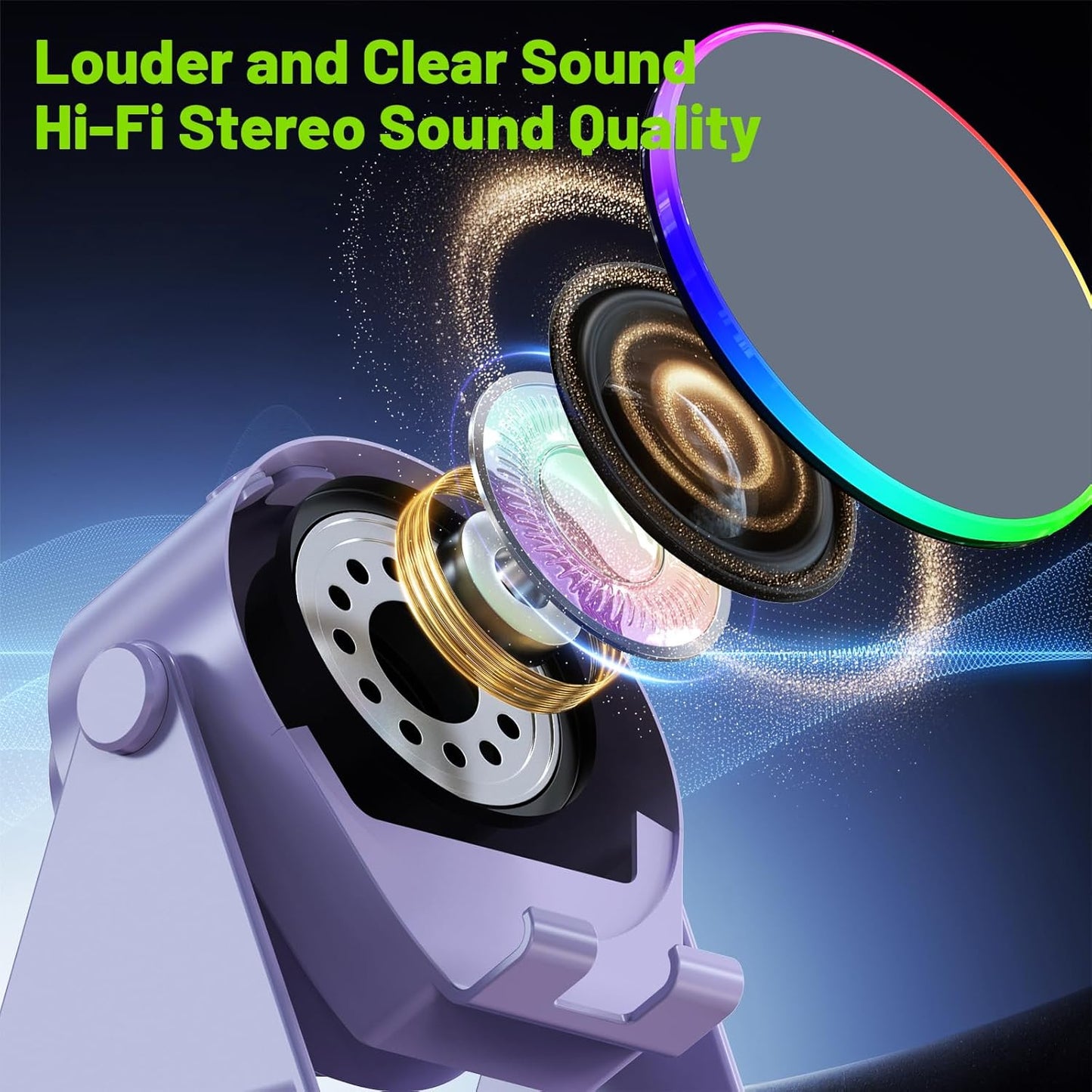Wireless Induction Audio Bluetooth Speaker, 4 in 1 Phone Stand Speakers Amplifier with Colorful Ambient Light,360° Adjustable Holder- Purple