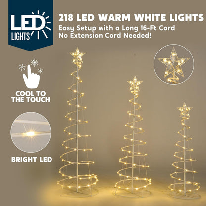 (3 Pack) Spiral Christmas Tree Lights, 218 LED Outdoor Lighted Tree with Star Topper & Stakes, Christmas Decorations - Warm White