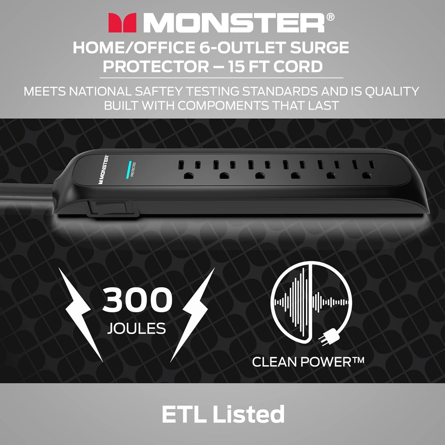 Monster 15ft Black Power Strip and Tower Surge Protector, Heavy Duty Protection, 300 Joule Rating and 6 120V-Outlets - Ideal for Computers, Home Theatre, Home Appliances, and Office Equipment