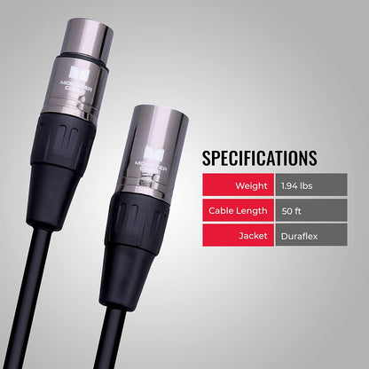 Monster Prolink Classic Mikrofoonkabel, 50 Voet – Silwerkontakverbindings, MultiTwist-konstruksie, 95% Koper Gevlegte Skerm, Professionele Mik-kabel
