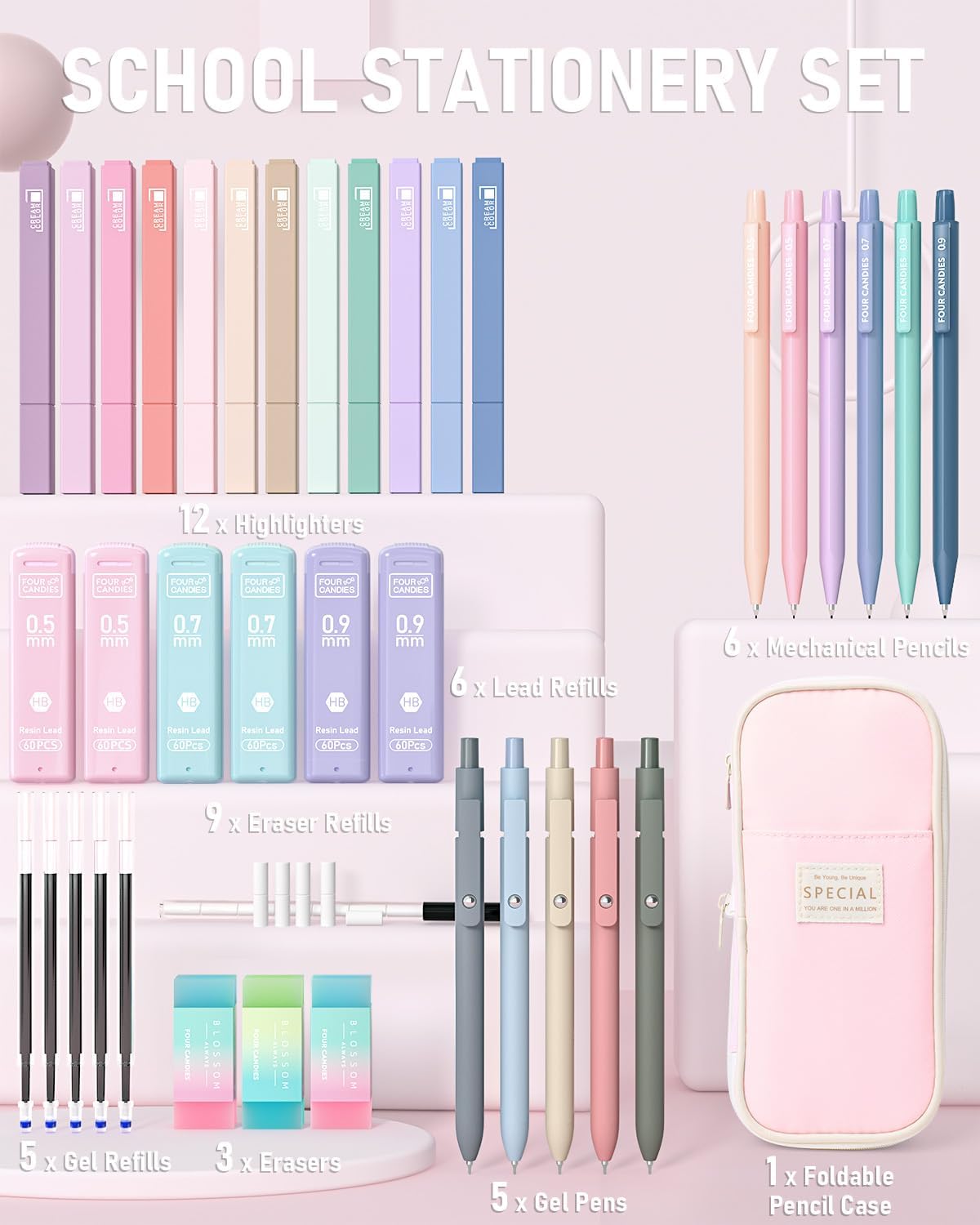 Aesthetic All-in-One Bulk Pack Supplies - Mechanical Graphite Pencil for Students Stationary School Essentials - (Pink)