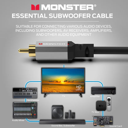 Monster Essentials Premium Subwooferkabelkonnektor vir Tuisflieks en Motors, RCA Subwoofer Oudiokabel, 13.1vt