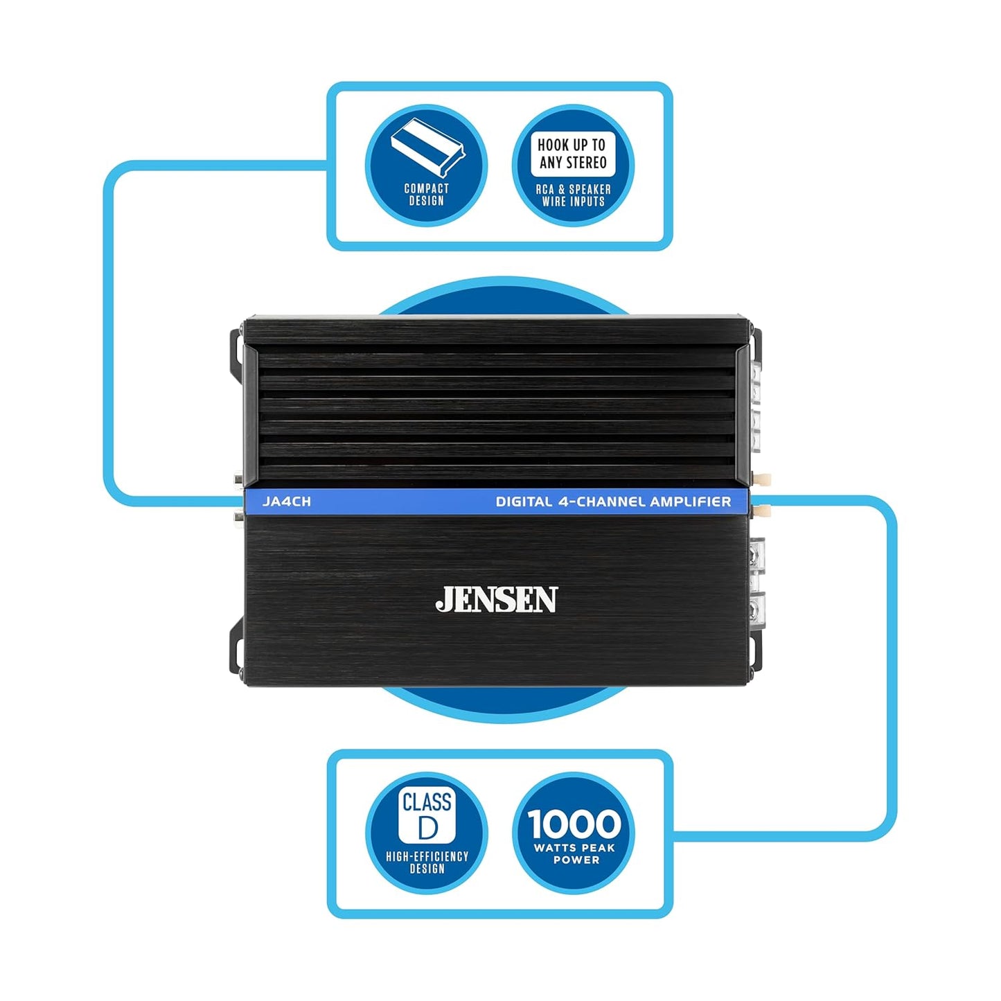 JA-Series JA4CH High Performance Class-D Bridgeable 4-Channel Car Audio Amplifier 1,000 Watts Peak Power Bridgeable Efficient Compact Design