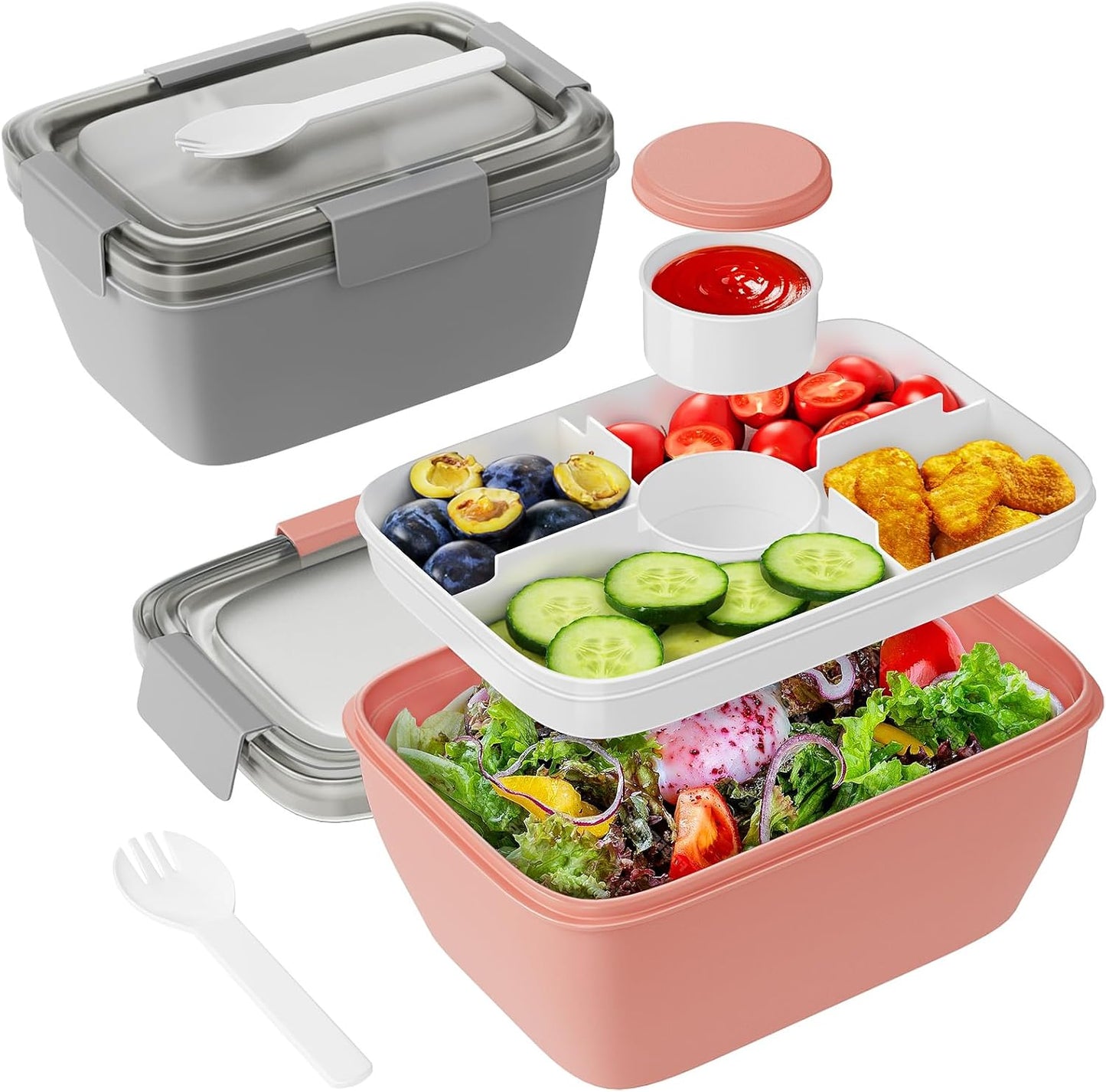 Freshmage Slaaihouer vir Middagete, 2 Pakke 68oz Groot Slaaibakke met 4 Kompartemente, Slaaisoushouer vir Slaaivulsels, Happies, Mans, Vroue (Grys+Pienk)