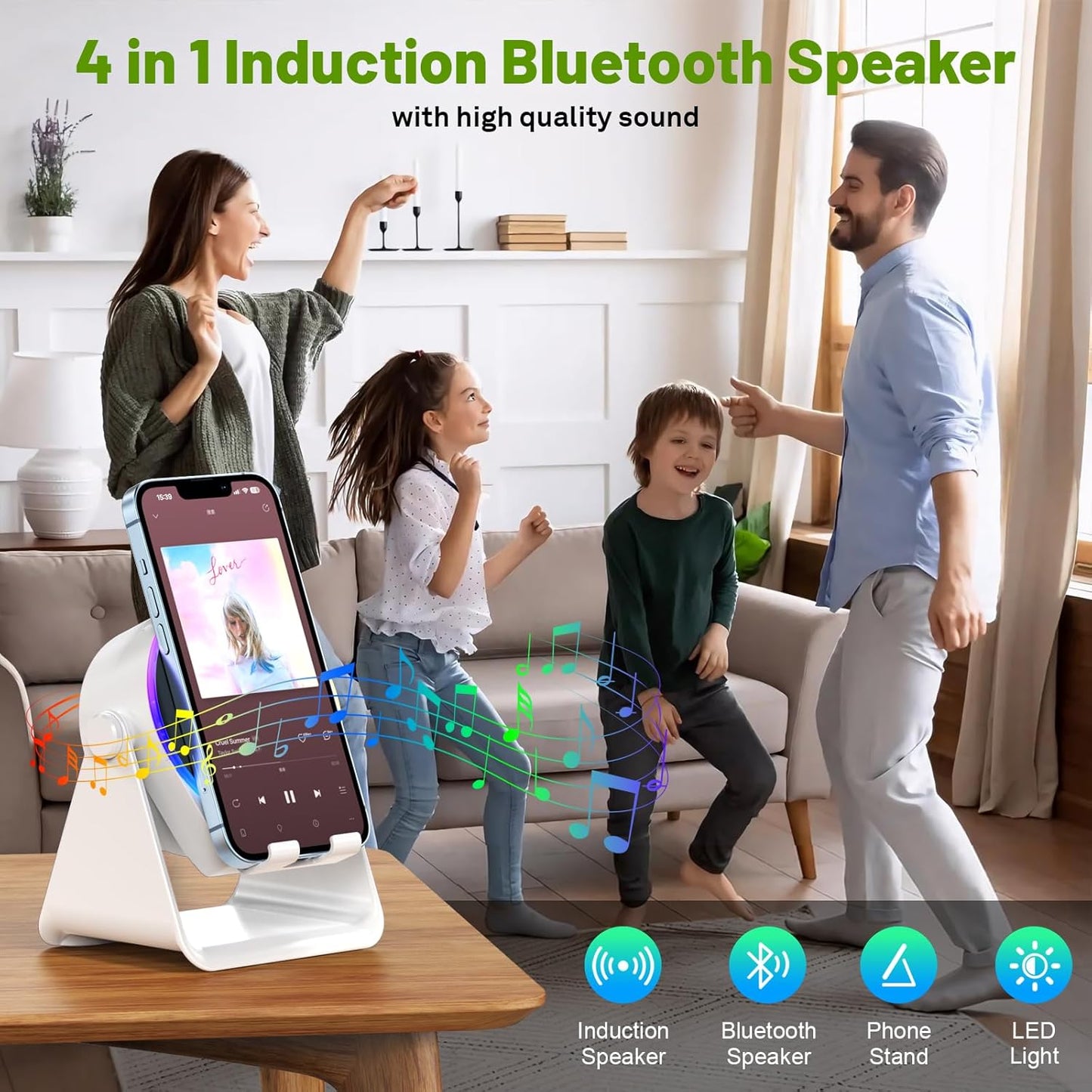 Wireless Induction Audio Bluetooth Speaker, 4 in 1 Phone Stand Speakers Amplifier with Colorful Ambient Light,360° Adjustable Holder- White