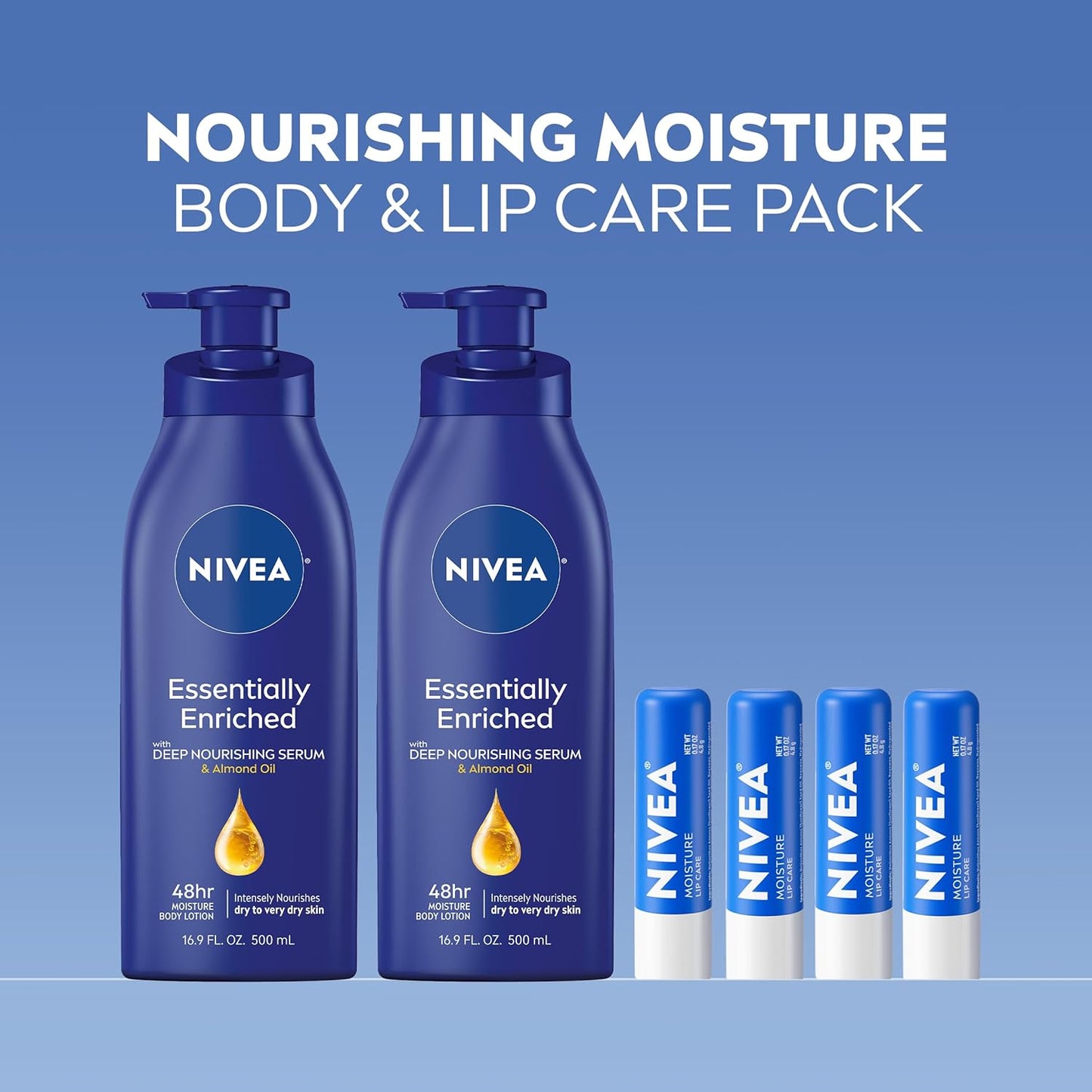 NIVEA Skin Care Set, Essentially Enriched Body Lotion Pack (2 x 16.9 Fl Oz) + Moisture Lip Care Lip Balm Set (4 x 0.17 Oz), Dermatologically Tested for Skin Compatibility