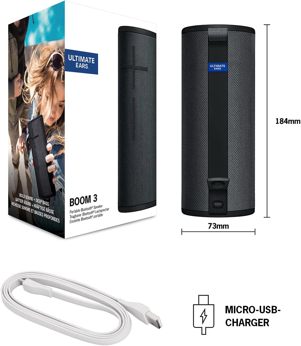 Ultimate Ears Boom 3 Wireless Bluetooth Speaker, Bold Sound + Deep Bass, Bluetooth, Magic Button, Waterproof, 15 Hours Battery, Range of 150 ft, Night Black